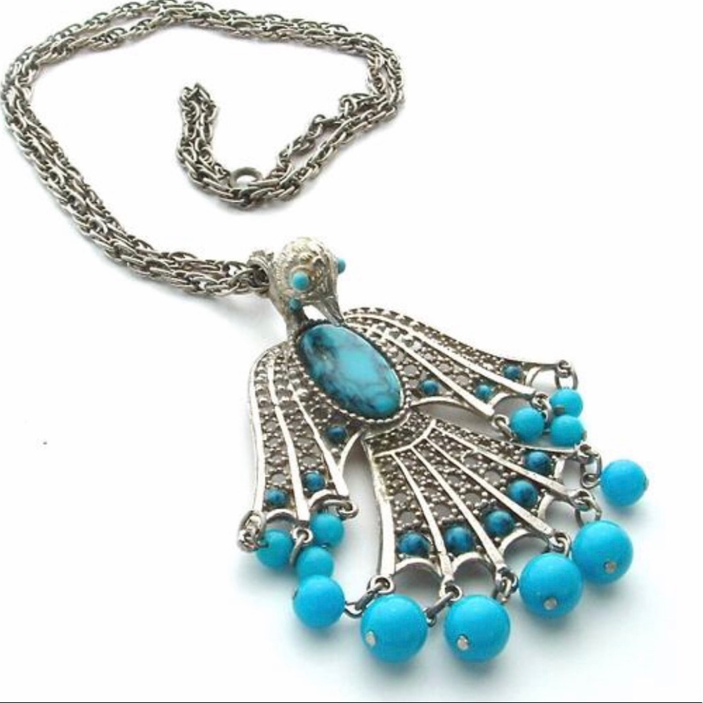 Statement Necklace Vintage Turquoise Phoenix Bird - Picture 2 of 8